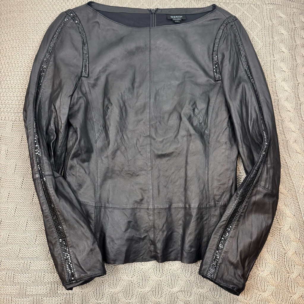 Worth New York Black Leather Shirt Full Zip Back Beaded Sleeves ~ 8